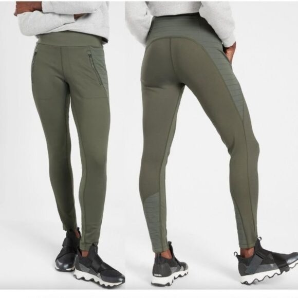 ATHLETA Peak Hybrid Fleece Tights Peat Green Athletic Leggings Pants Womens XS - Picture 1 of 11